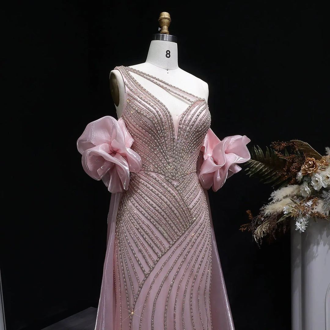 Elegent Blue Beaded One-Shoulder Evening Dress with Flowing Cape SS016