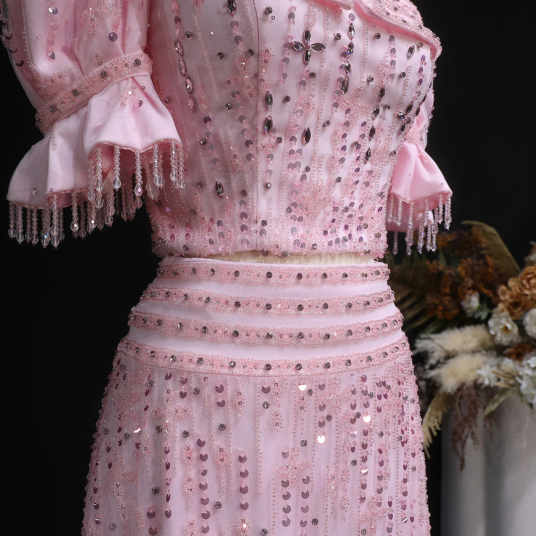 Elegant Pink Sequin Two Piece Evening Dress with Puff Sleeves SS548