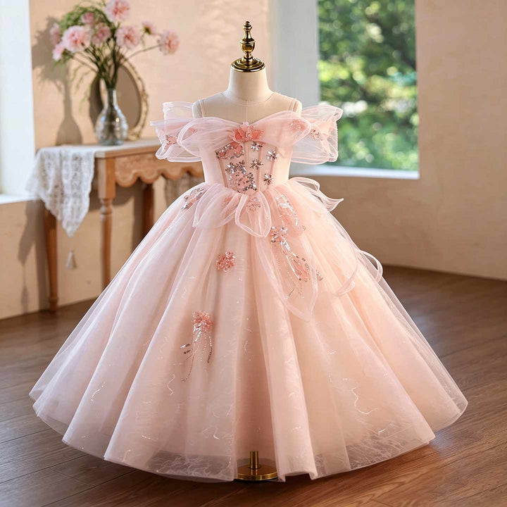Pink Floral Beaded Off-Shoulder Girls Princess Gown J624
