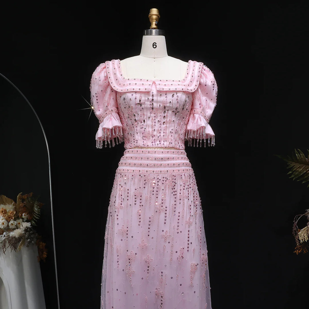 Elegant Pink Sequin Two Piece Evening Dress with Puff Sleeves SS548
