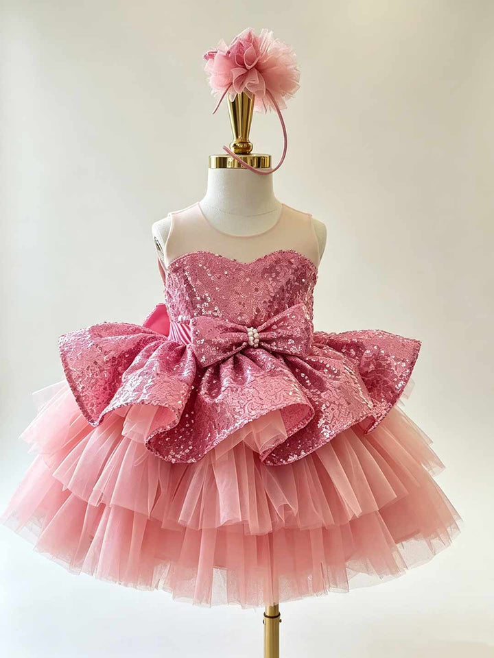 Pink Sequin Floral Bow Short Flower Girl Dress D001