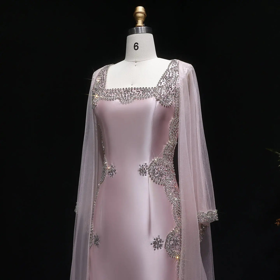 Elegant Pink Square Neck Evening Gown with Crystal Beading SS326