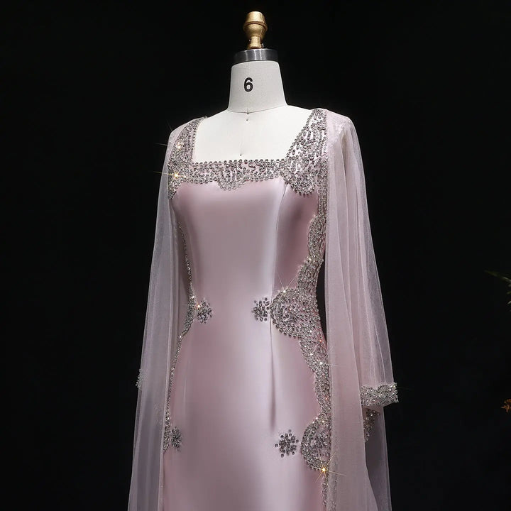 Elegant Pink Square Neck Evening Gown with Crystal Beading SS326