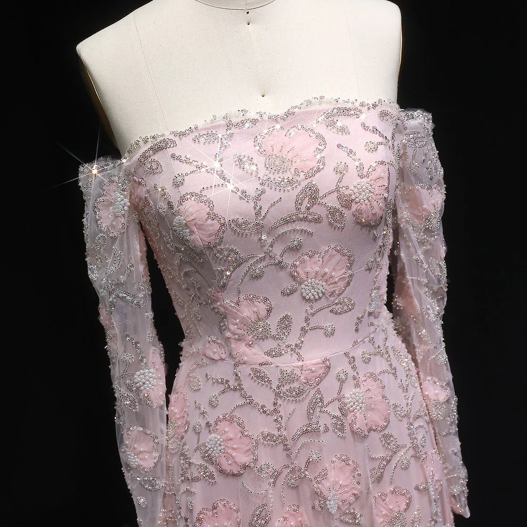 Luxury Pink Beaded Embroidered Long Sleeve Evening Dress SS638