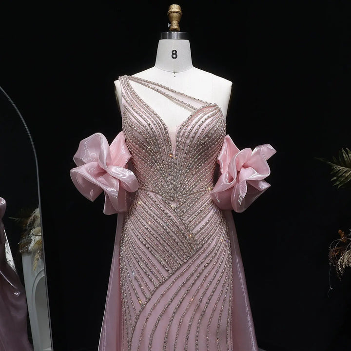 Elegent Blue Beaded One-Shoulder Evening Dress with Flowing Cape SS016