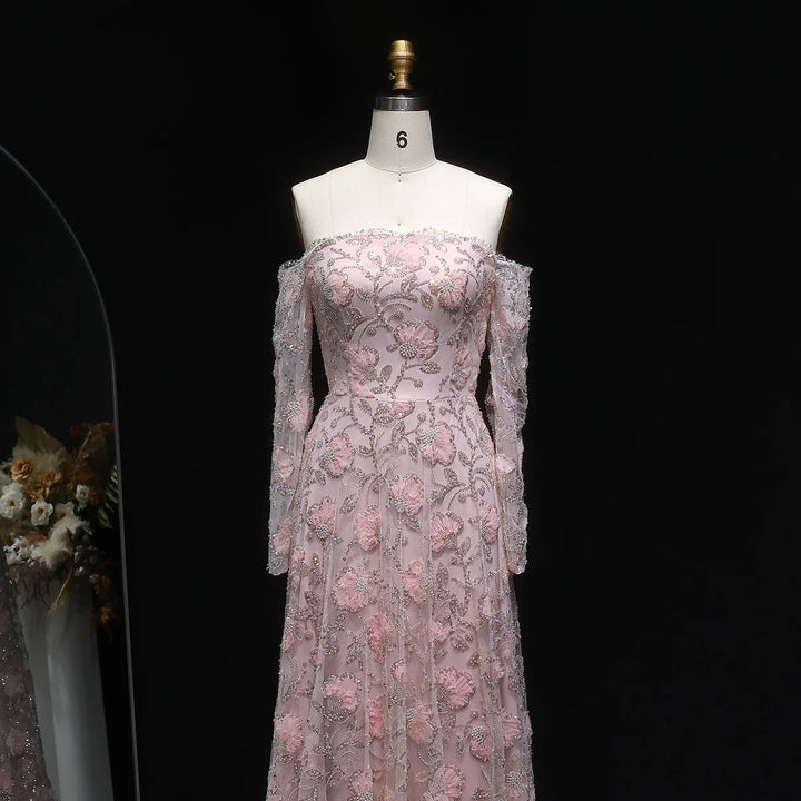 Luxury Pink Beaded Embroidered Long Sleeve Evening Dress SS638