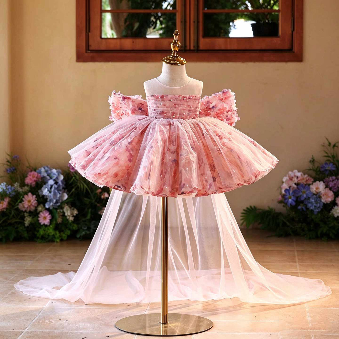 Pink 3D Floral Pearl Off-Shoulder Girls Ceremony Dress J525