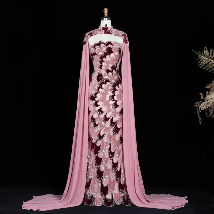 Strapless Floral Beaded Mermaid Prom Evening Dress with Shawl SS617
