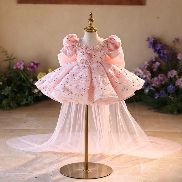 Pink Sequin Floral Puff Sleeve Girls Special Occasion Dress J524