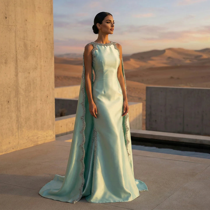 Luxury Mint Green Satin Crystal Cape Evening Dress SS503