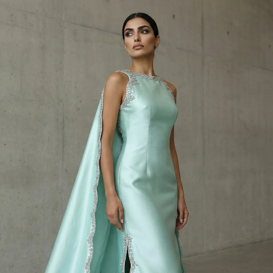 Luxury Mint Green Satin Crystal Cape Evening Dress SS503