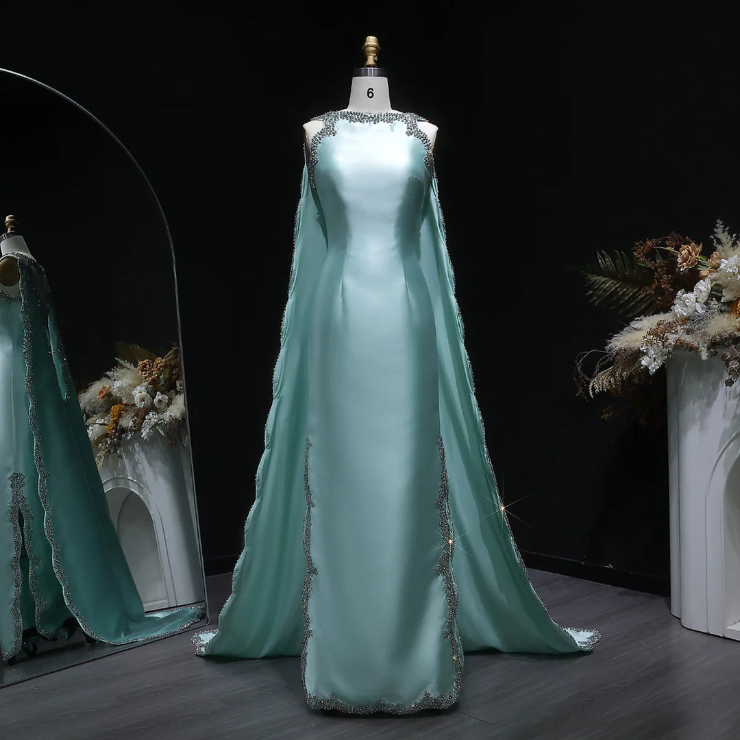 Luxury Mint Green Satin Crystal Cape Evening Dress SS503