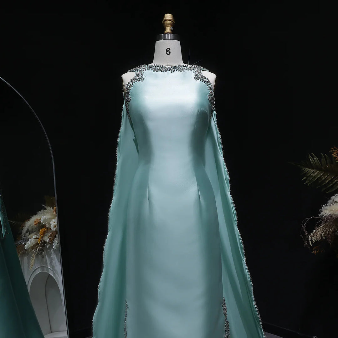 Luxury Mint Green Satin Crystal Cape Evening Dress SS503