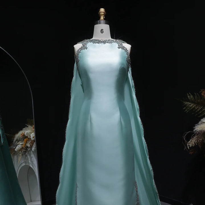 Luxury Mint Green Satin Crystal Cape Evening Dress SS503