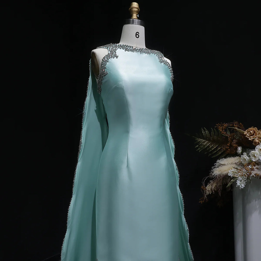 Luxury Mint Green Satin Crystal Cape Evening Dress SS503