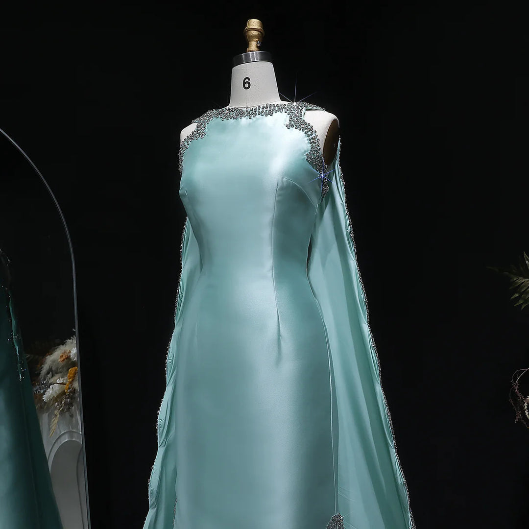Luxury Mint Green Satin Crystal Cape Evening Dress SS503