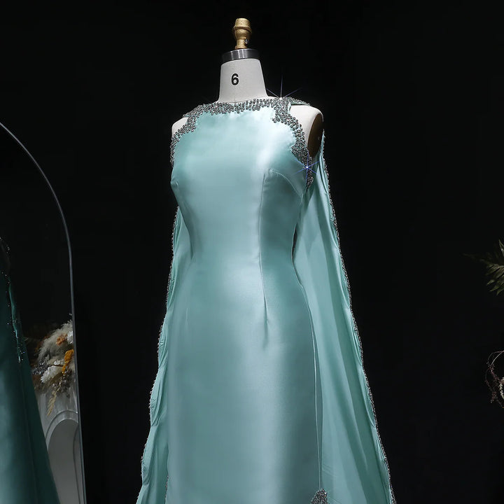 Luxury Mint Green Satin Crystal Cape Evening Dress SS503