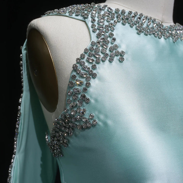 Luxury Mint Green Satin Crystal Cape Evening Dress SS503