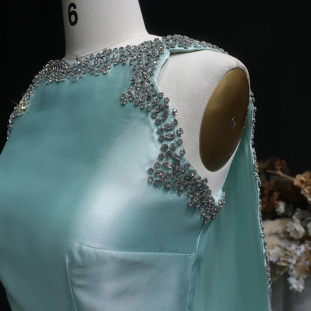Luxury Mint Green Satin Crystal Cape Evening Dress SS503