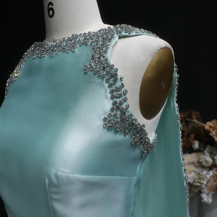 Luxury Mint Green Satin Crystal Cape Evening Dress SS503