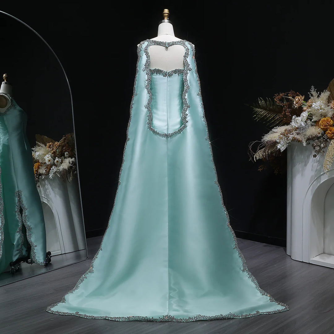 Luxury Mint Green Satin Crystal Cape Evening Dress SS503