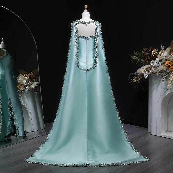 Luxury Mint Green Satin Crystal Cape Evening Dress SS503