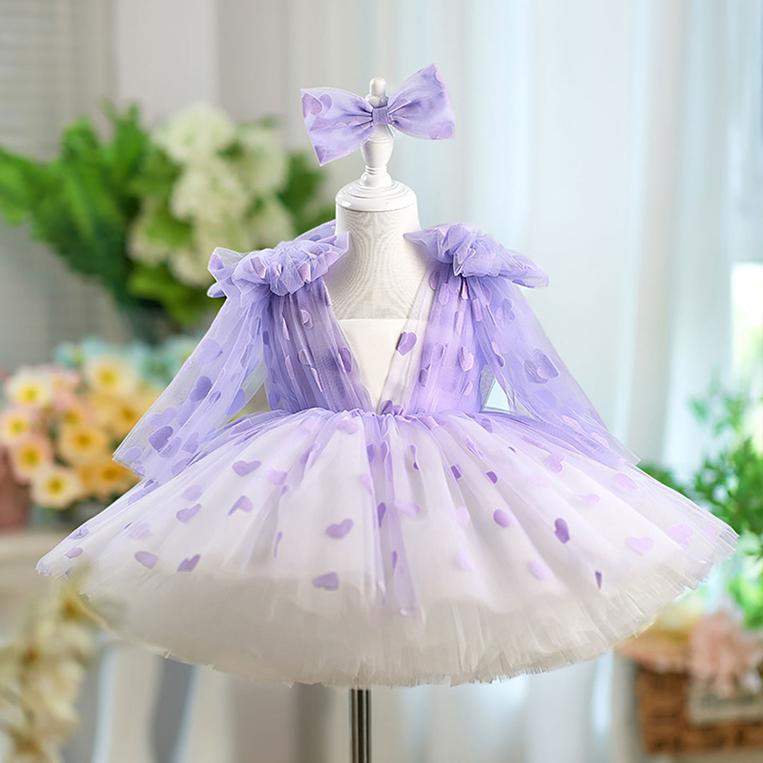 V-Neck Long Sleeve Tulle Flower Girl Dress with Bow D059