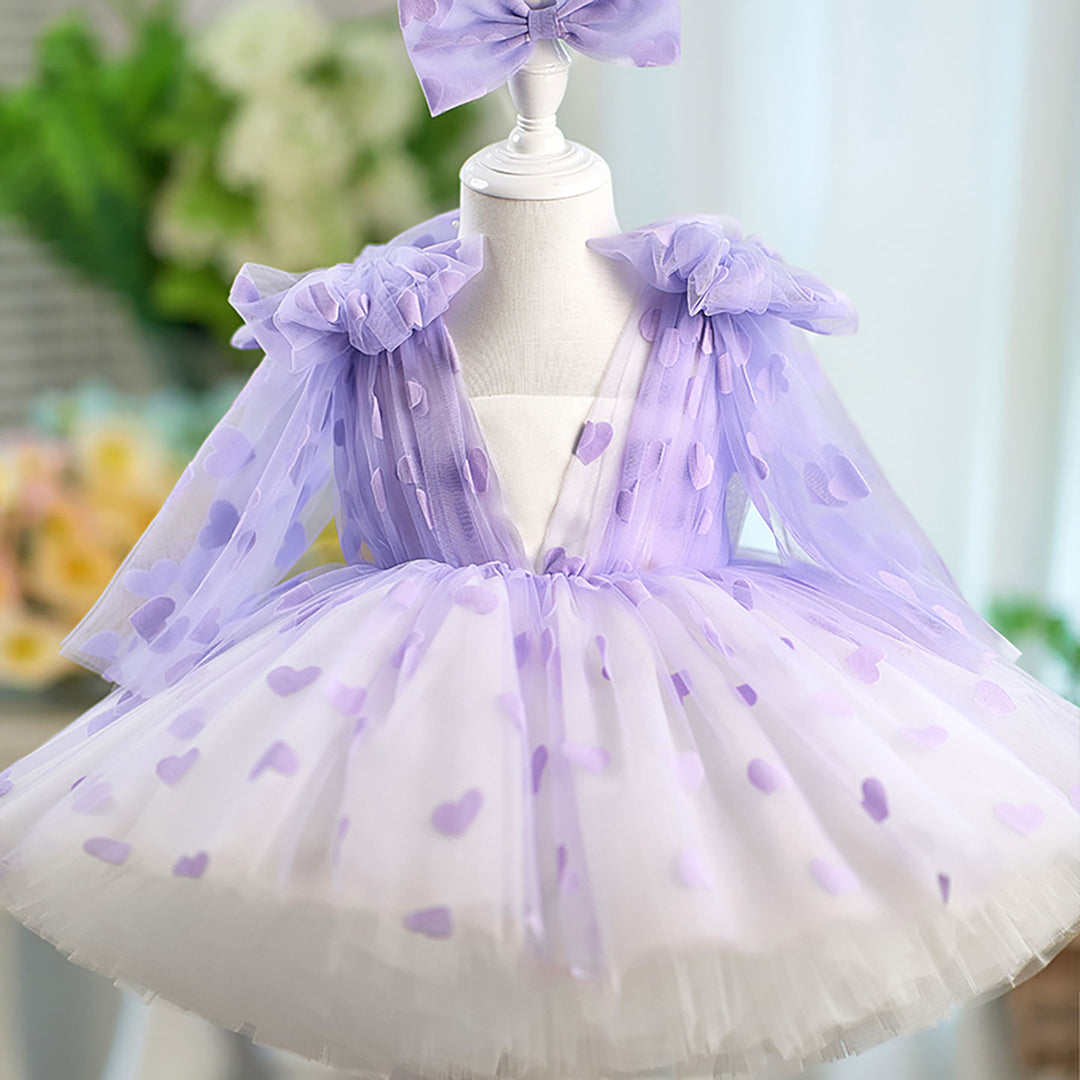 V-Neck Long Sleeve Tulle Flower Girl Dress with Bow D059
