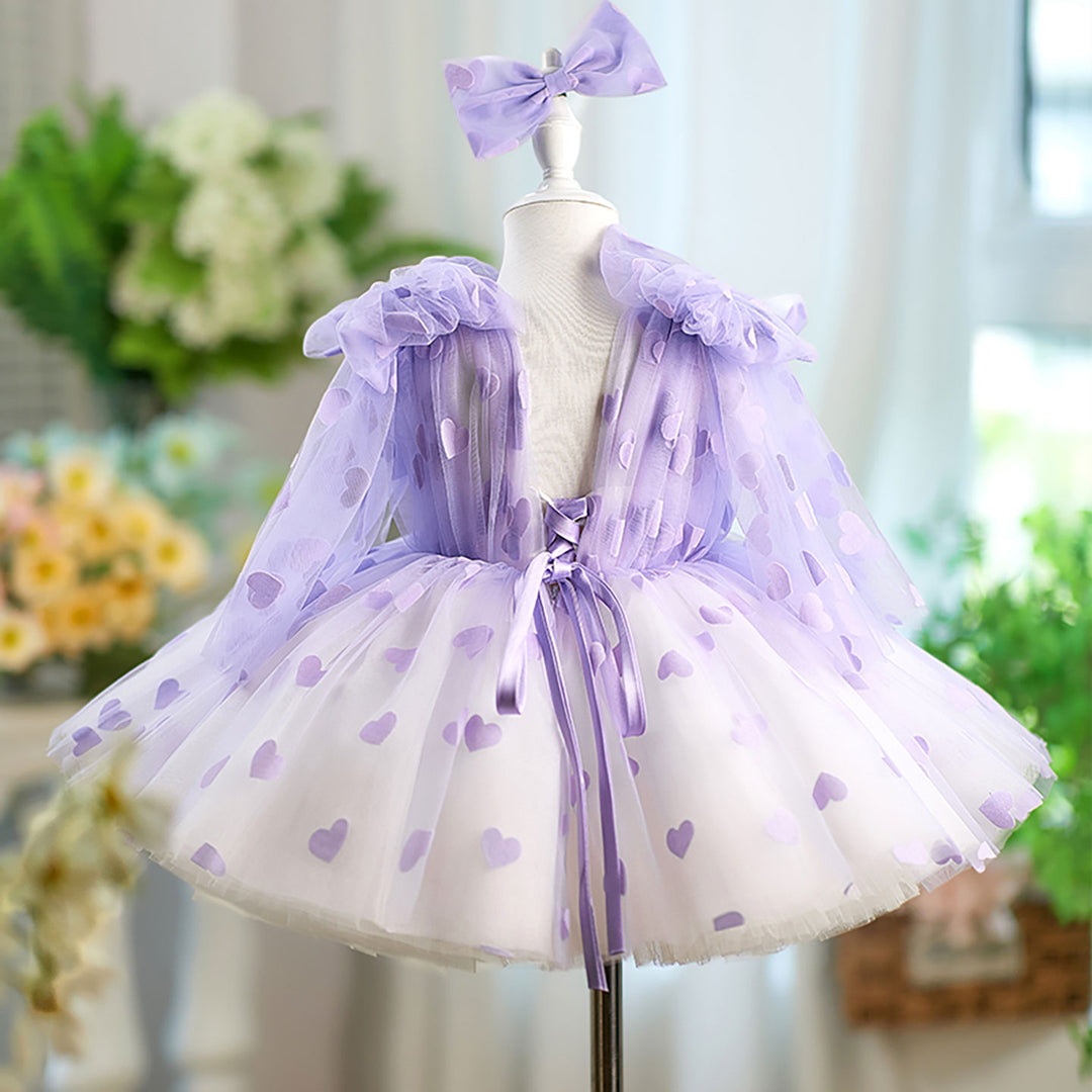 V-Neck Long Sleeve Tulle Flower Girl Dress with Bow D059