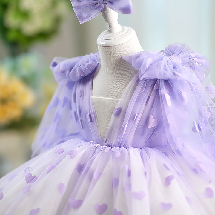 V-Neck Long Sleeve Tulle Flower Girl Dress with Bow D059