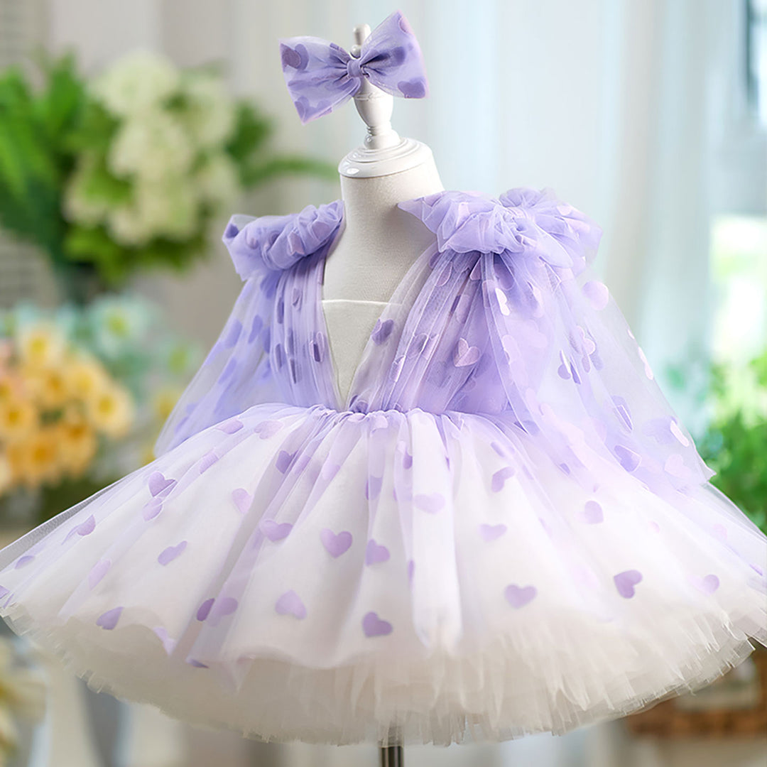 V-Neck Long Sleeve Tulle Flower Girl Dress with Bow D059