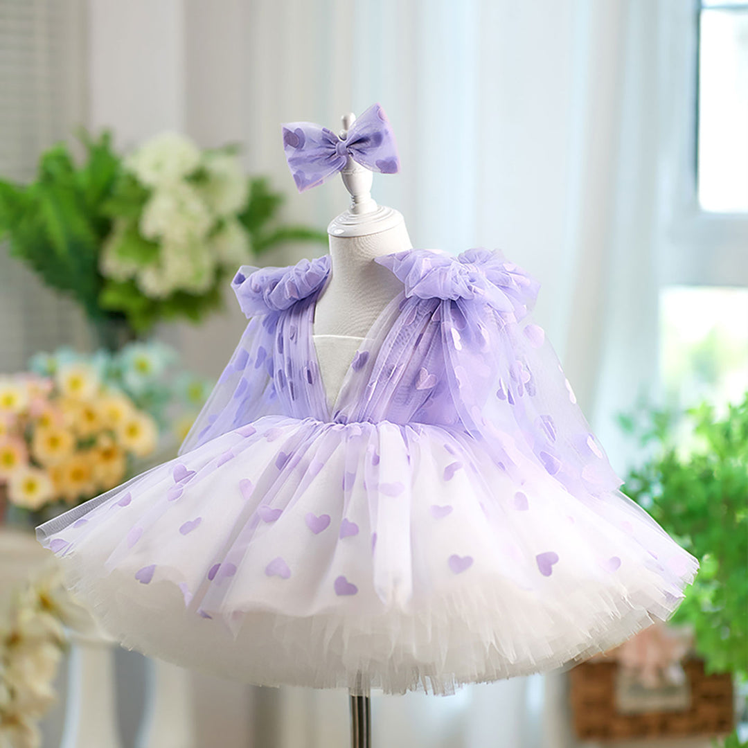 V-Neck Long Sleeve Tulle Flower Girl Dress with Bow D059