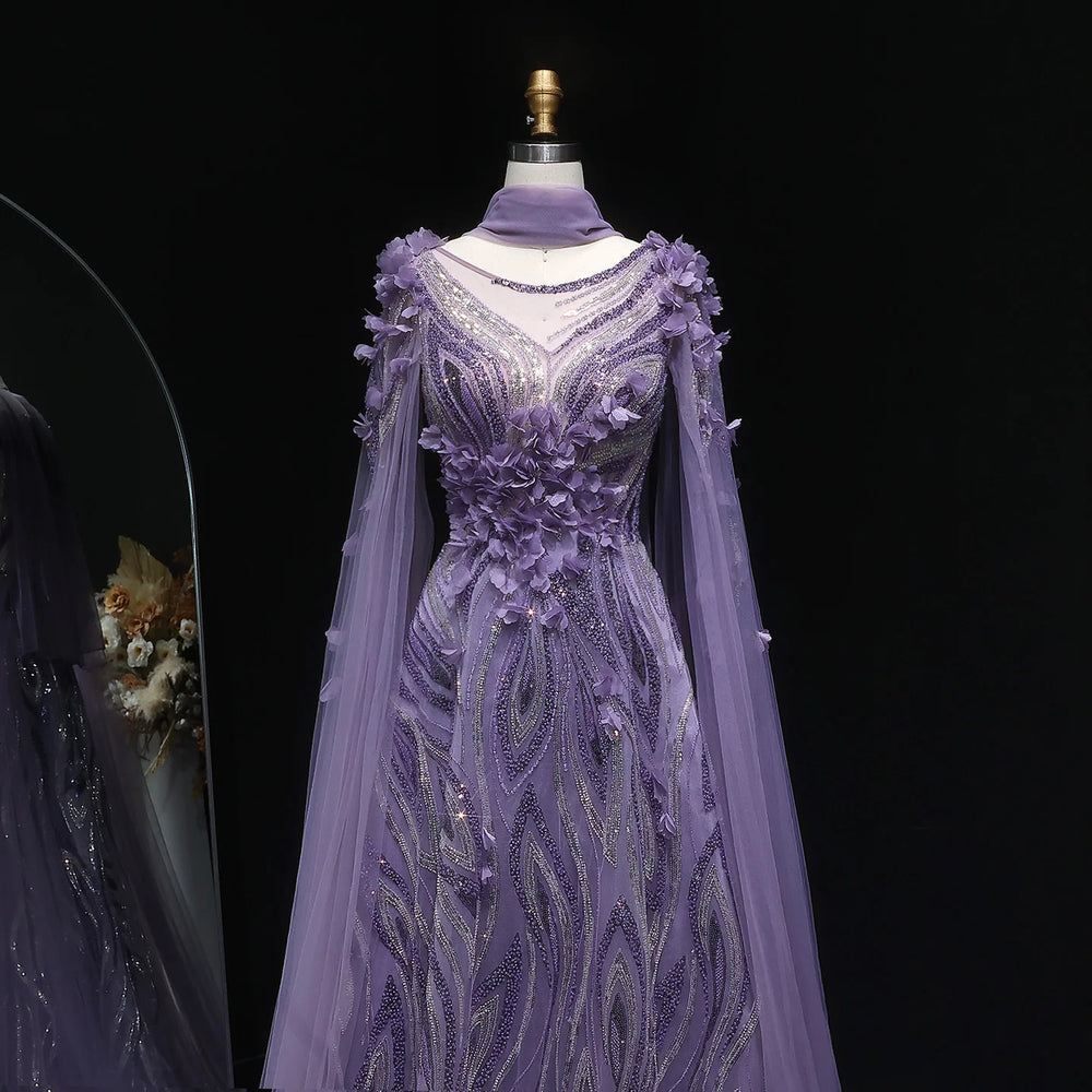 Elegant 3D Floral Beaded Evening Dress with Scarf SS060