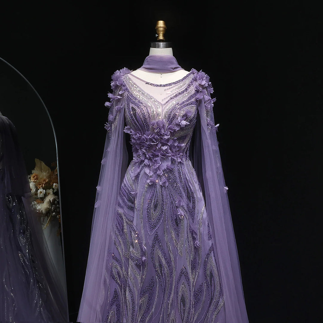 Elegant 3D Floral Beaded Evening Dress with Scarf SS060