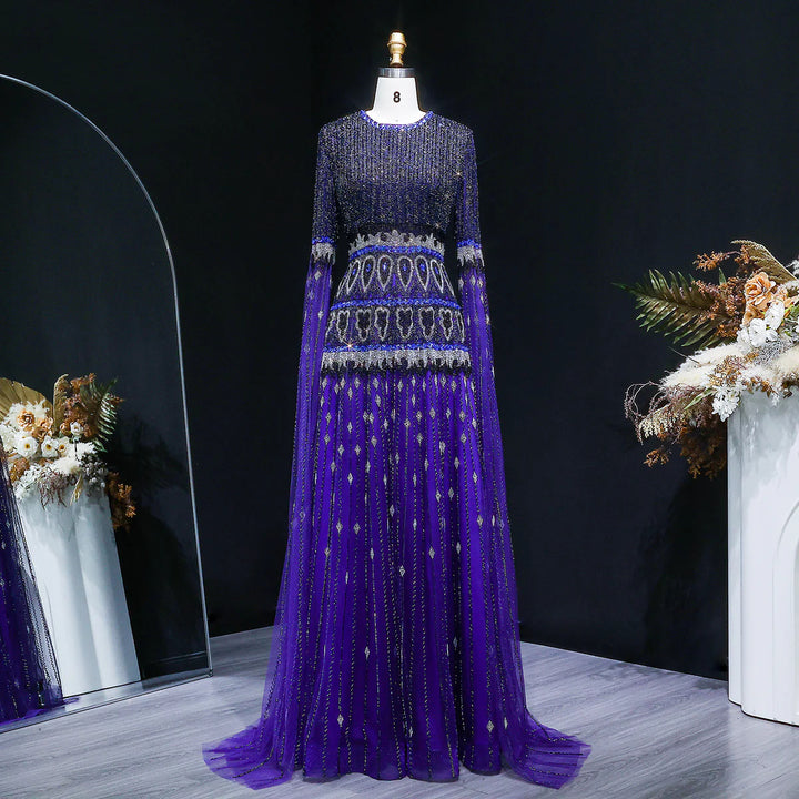Luxury Crystal Embellished Cape Long Sleeve Evening Dress SS009