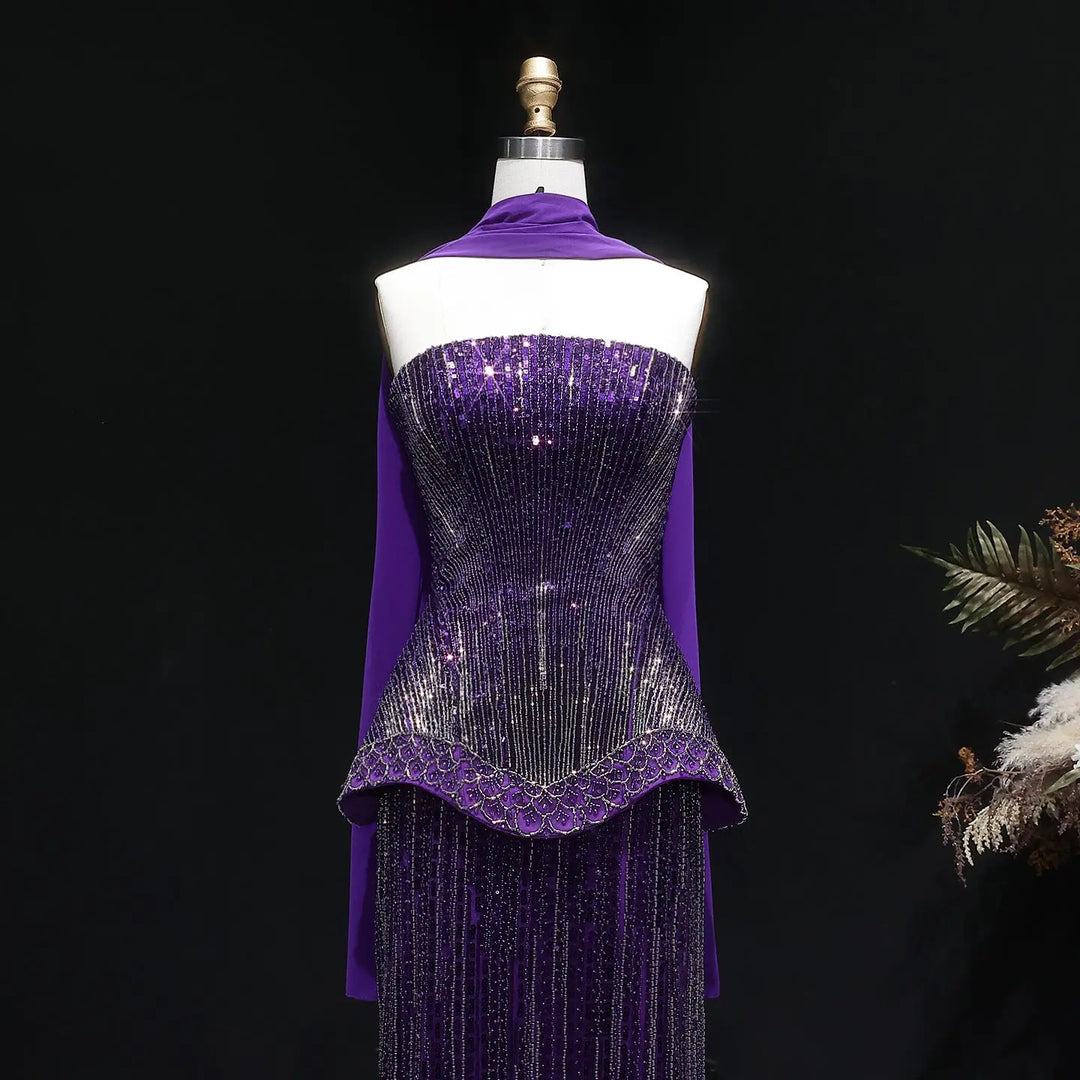 Luxury Orange Sparkle Strapless Peplum Pageant Evening Dress with Scarf SS560