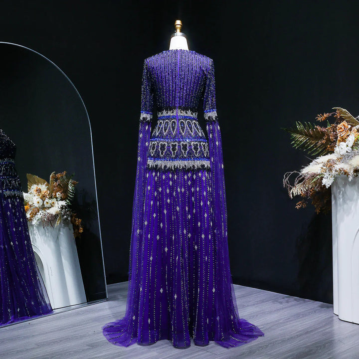 Luxury Crystal Embellished Cape Long Sleeve Evening Dress SS009