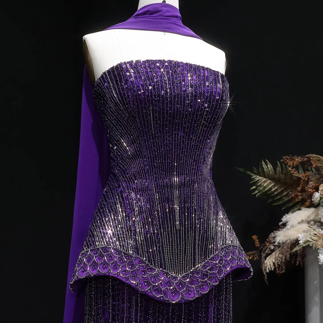 Luxury Orange Sparkle Strapless Peplum Pageant Evening Dress with Scarf SS560