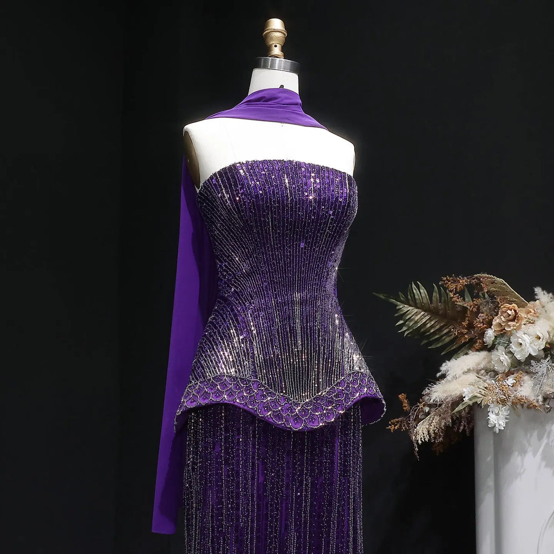 Luxury Orange Sparkle Strapless Peplum Pageant Evening Dress with Scarf SS560