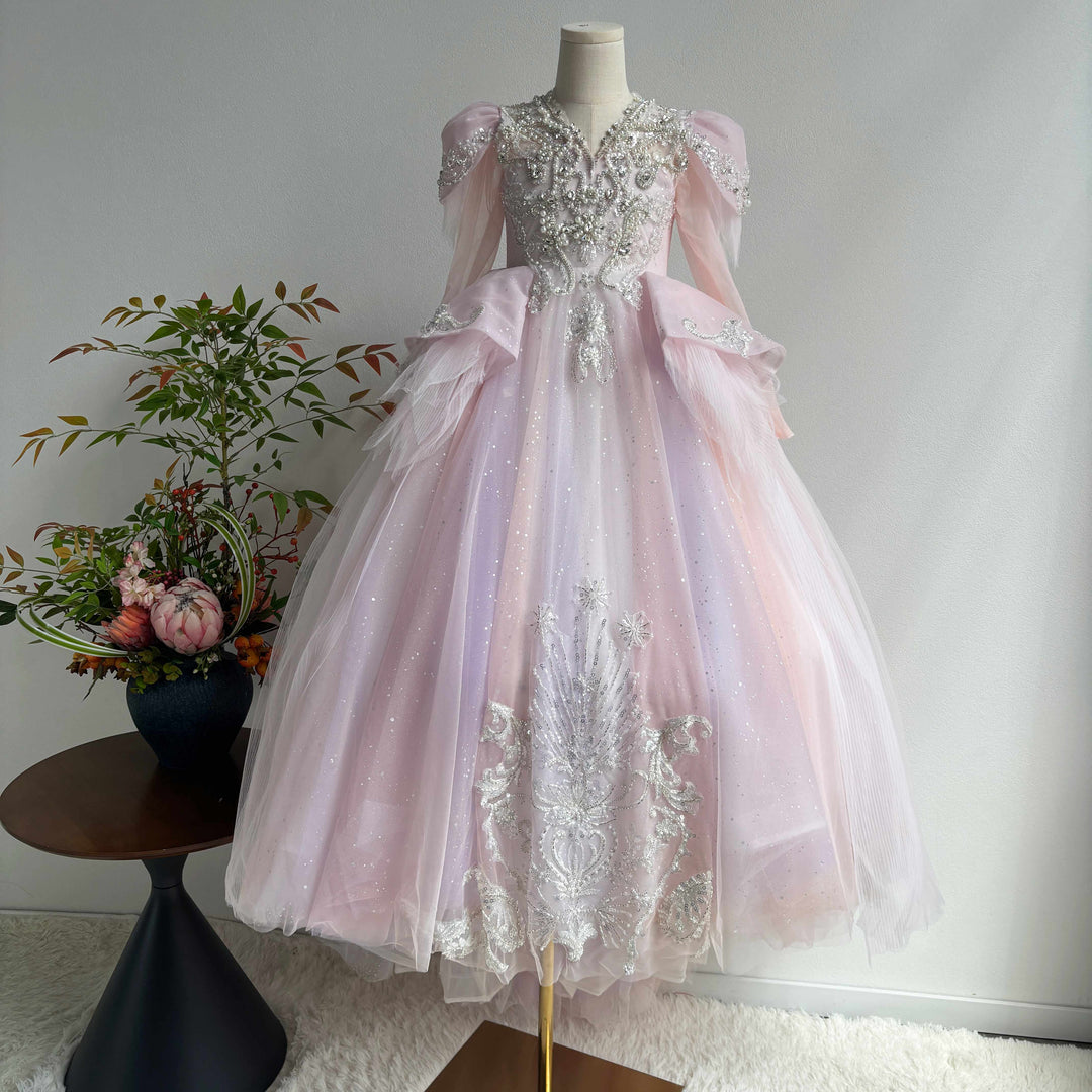 Luxury V-Neck Beaded Flower Girl Long Dress J056