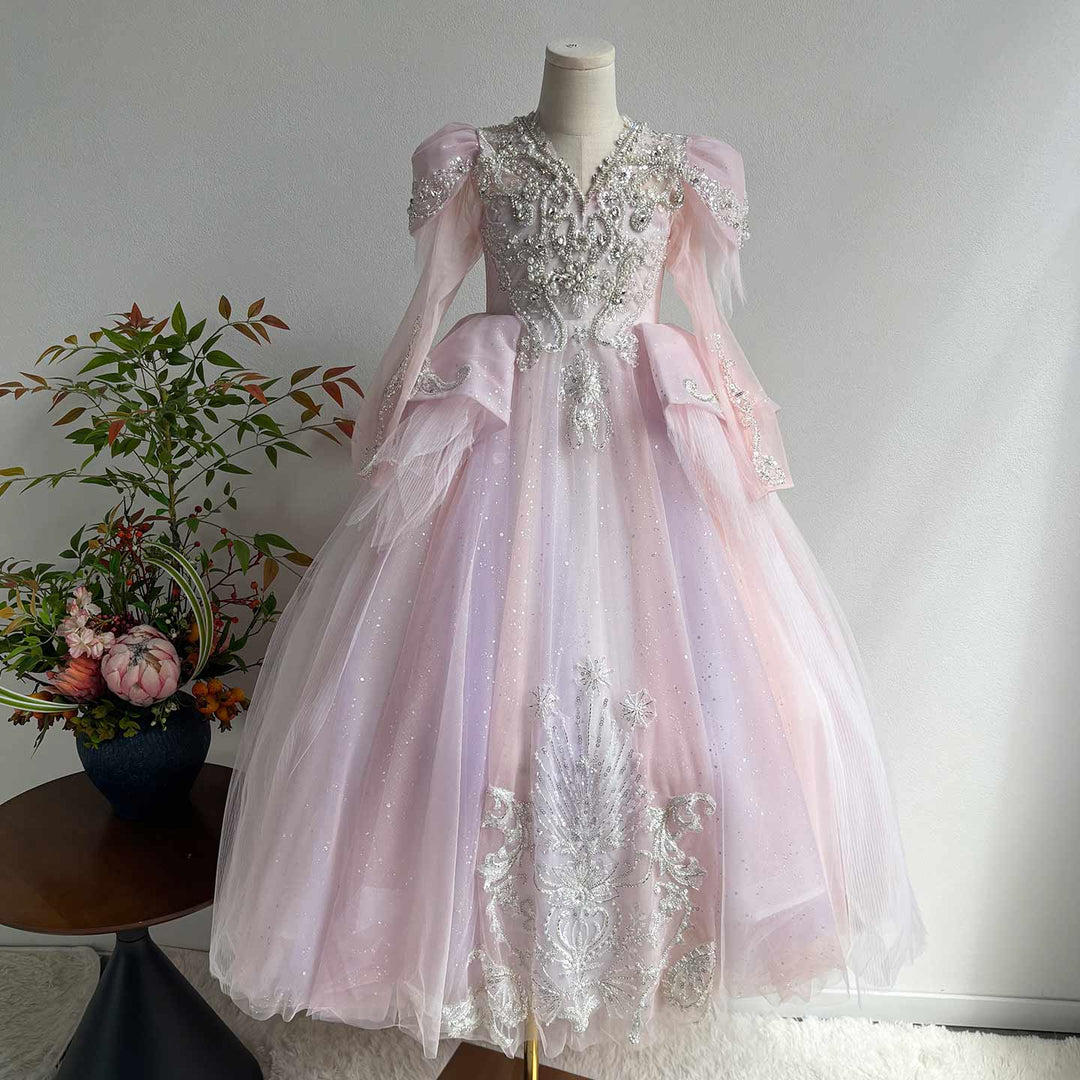 Luxury V-Neck Beaded Flower Girl Long Dress J056