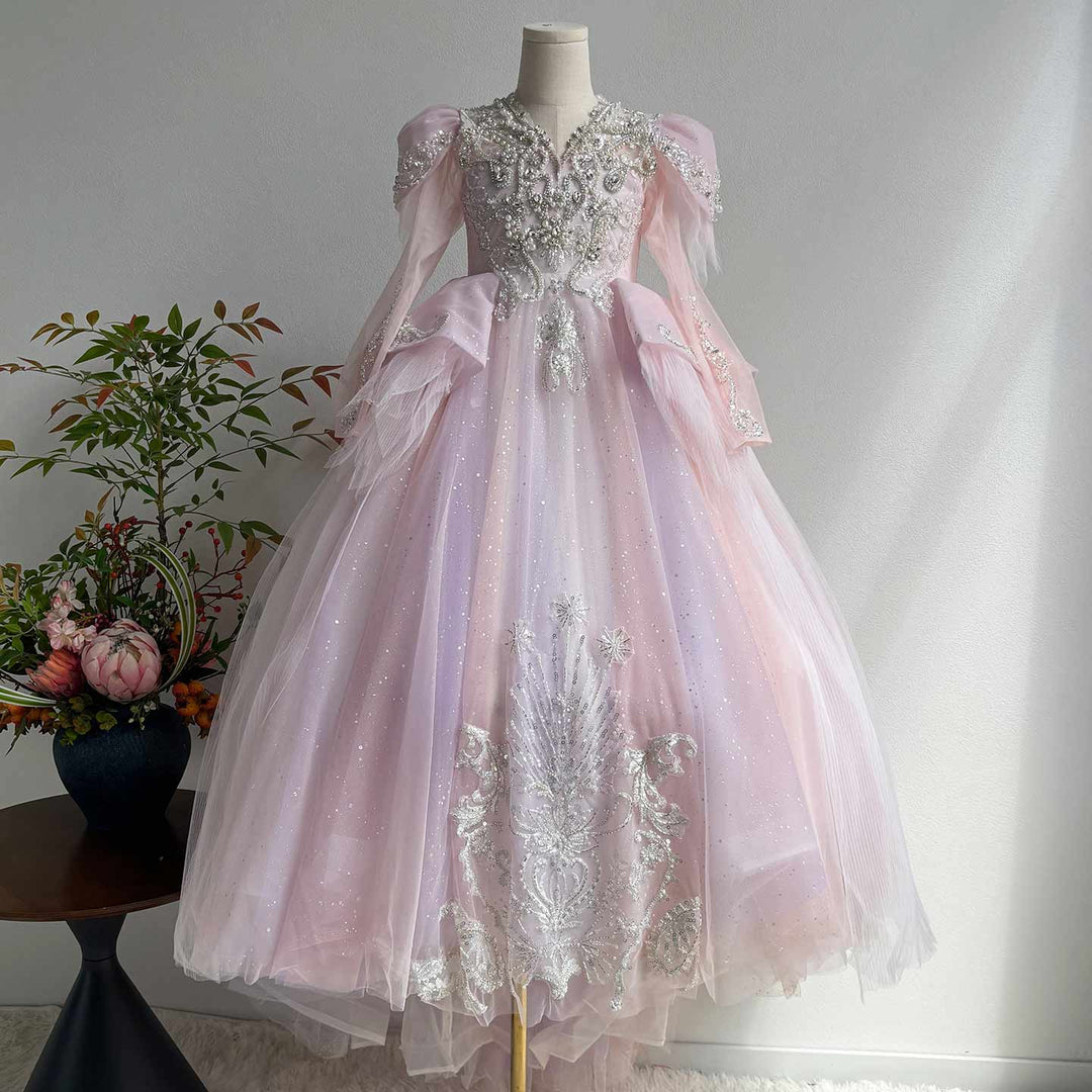 Luxury V-Neck Beaded Flower Girl Long Dress J056