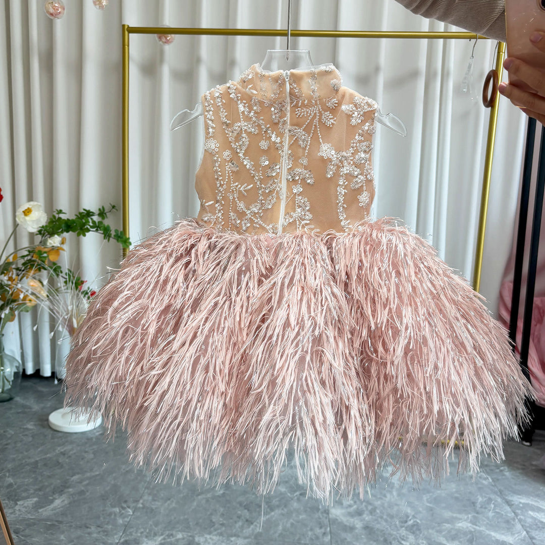 Elegant Pink Feather Flower Girl Dress Princess Kids Birthday Party Dress M005