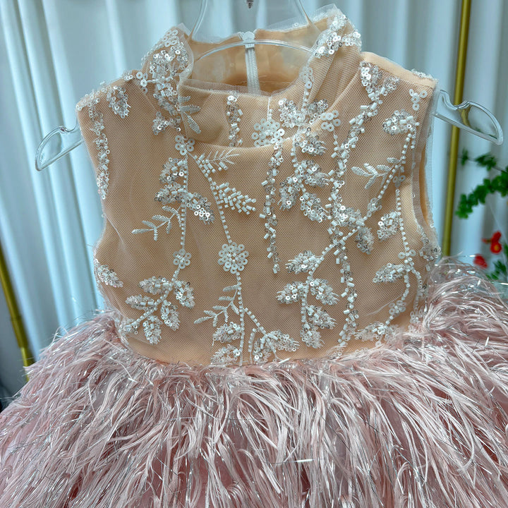 Elegant Pink Feather Flower Girl Dress Princess Kids Birthday Party Dress M005