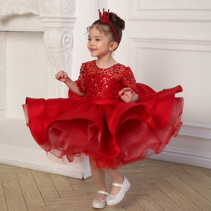 Red Sequin Bodice Girls Holiday Dress with Curled Satin Hem M089