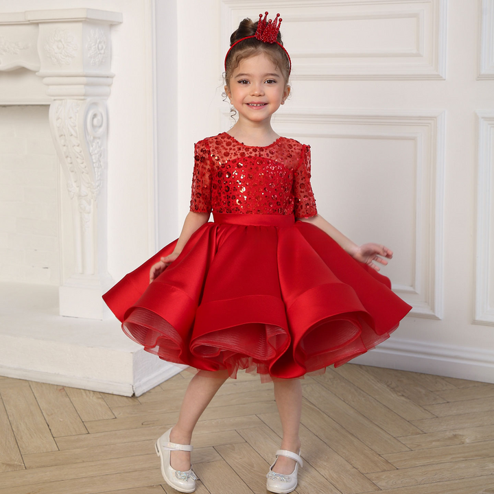 Red Sequin Bodice Girls Holiday Dress with Curled Satin Hem M089