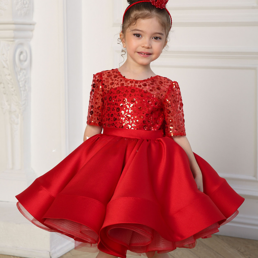 Red Sequin Bodice Girls Holiday Dress with Curled Satin Hem M089