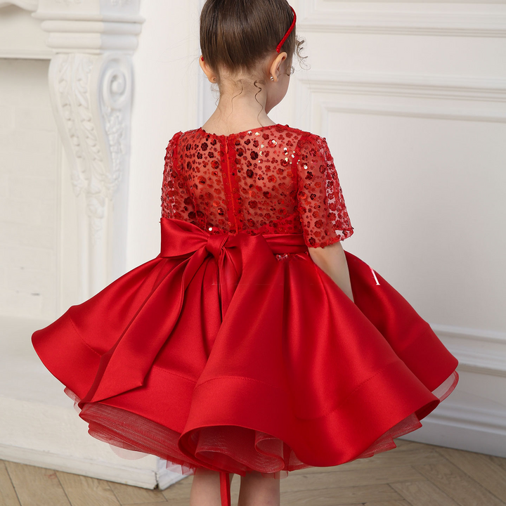 Red Sequin Bodice Girls Holiday Dress with Curled Satin Hem M089