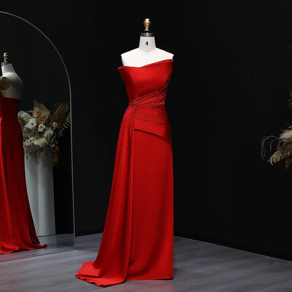 Elegant Red Satin Evening Dress with Draped Side Train SF514
