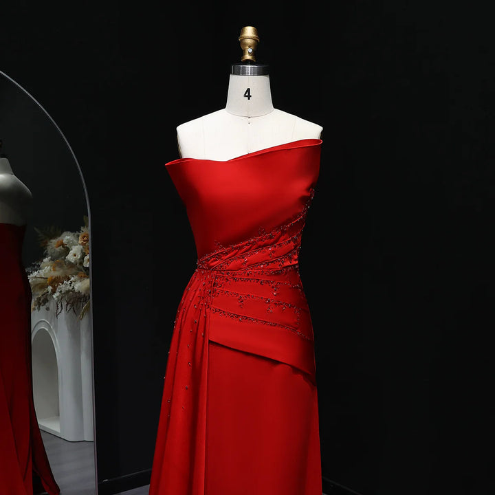Elegant Red Satin Evening Dress with Draped Side Train SF514